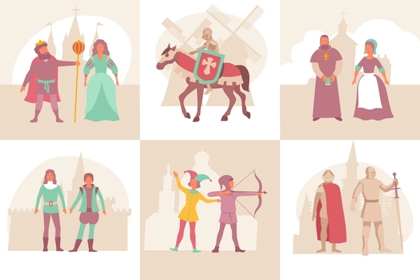 Set of medieval compositions with flat townscape silhouette backgrounds and tale heroes in old fashioned suits vector illustration