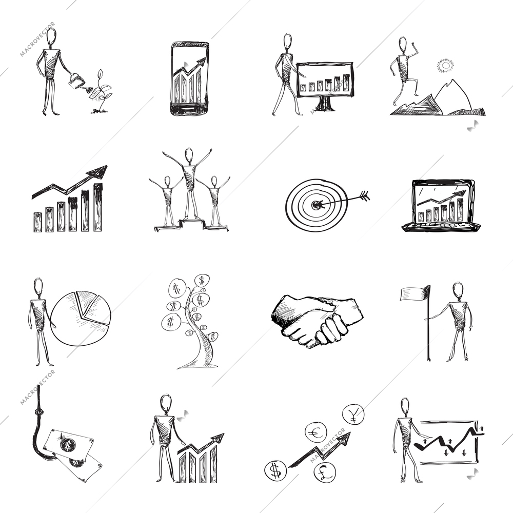 Sketch business organization management process people icons set isolated vector illustration