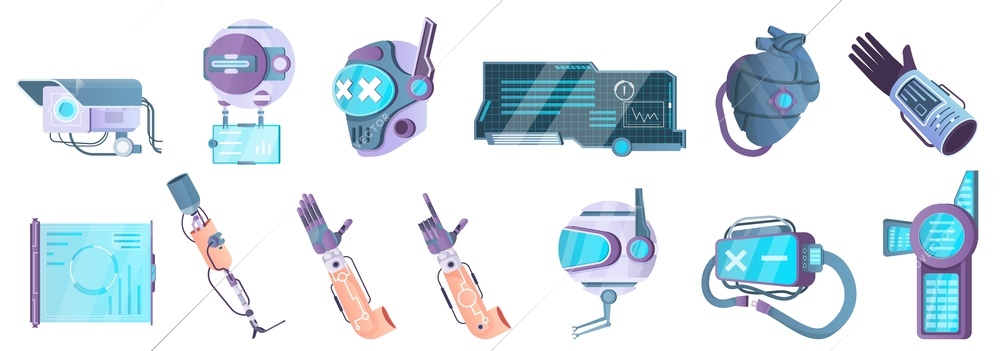 Cyberpunk technology set of flat isolated icons with exoskeleton parts helmets artificial hands and futuristic electronics vector illustration