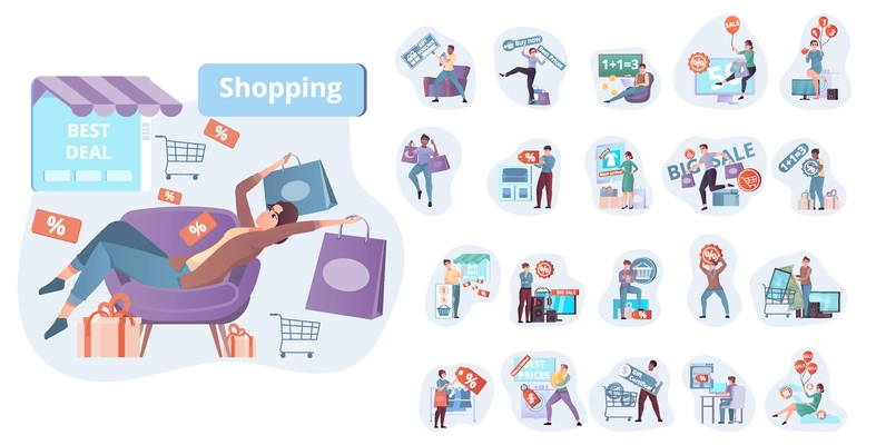Sale compositions set with flat human characters of shopping people with bags carts and discount pictograms vector illustration