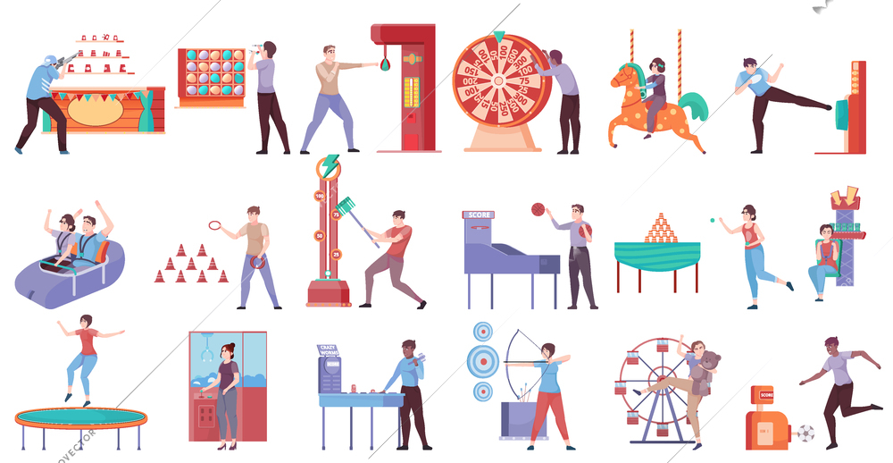 Set of isolated attraction park flat icons with human characters in amusement park with various facilities vector illustration