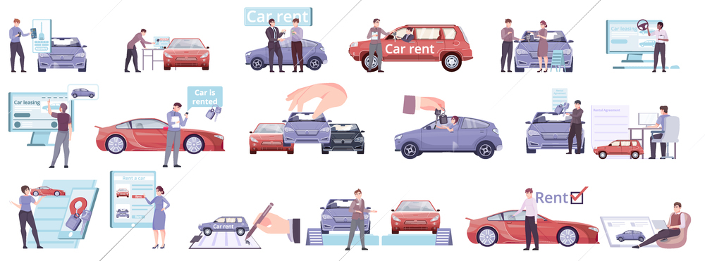 Car sharing rent set of flat isolated icons with human hands signing agreement using rental app vector illustration