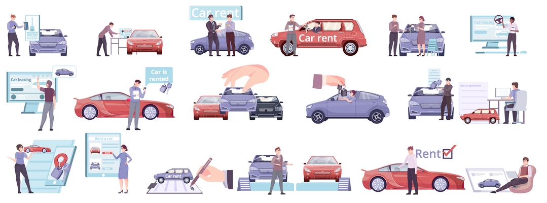 Car sharing rent set of flat isolated icons with human hands signing agreement using rental app vector illustration