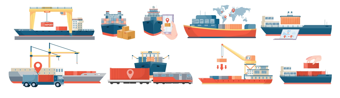 Delivery sea set of flat isolated icons with cargo ships crane loaders trucks and tracking apps vector illustration