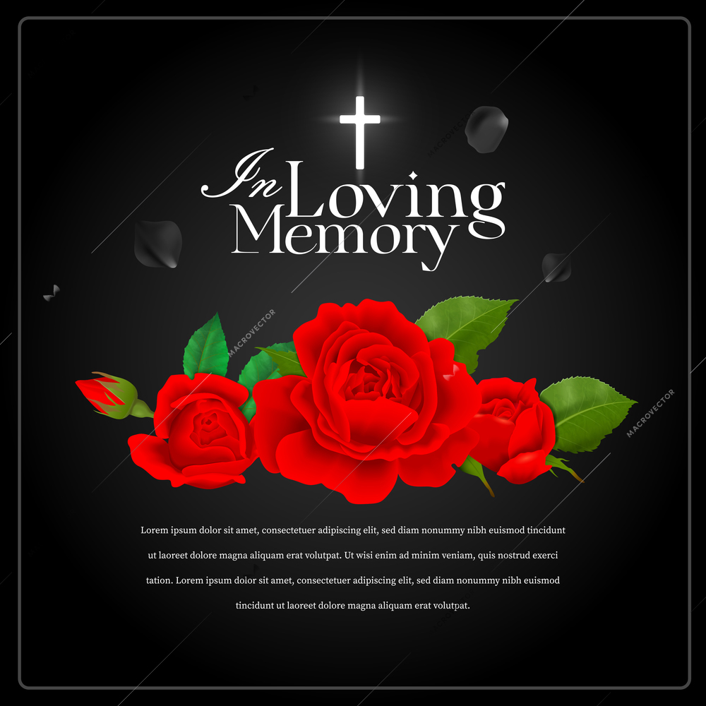 Realistic black in loving memory funeral poster with red roses and editable text vector illustration