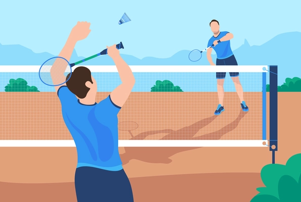Two sportsmen in blue uniform playing badminton outdoors flat vector illustration