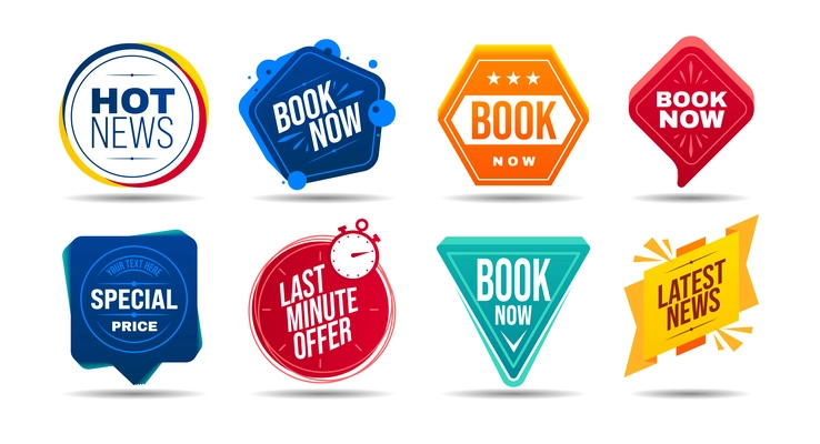 Various badges set for hot news special price last offer book now isolated on white background realistic vector illustration