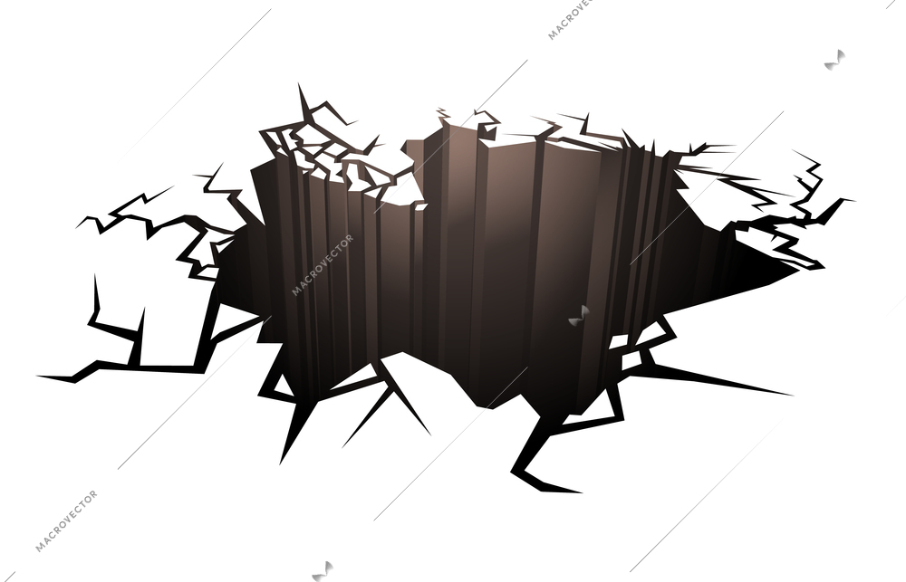 Realistic deep dark earthquake hole in cracked ground vector illustration