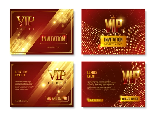 Realistic set of four glossy horizontal invitation banners for vip party premium luxury event isolated vector illustration