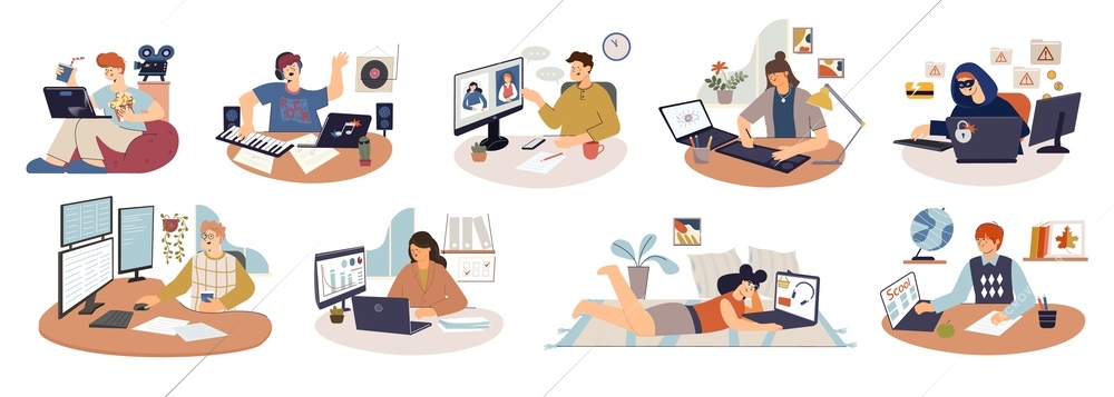 Computer people set with flat compositions of human characters using laptops and workstations in various situations vector illustration