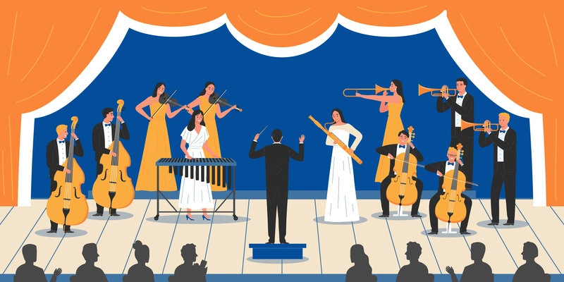 Musical concert flat vector illustration with musicians and bandmaster on stage and silhouettes of audience coming to listen music