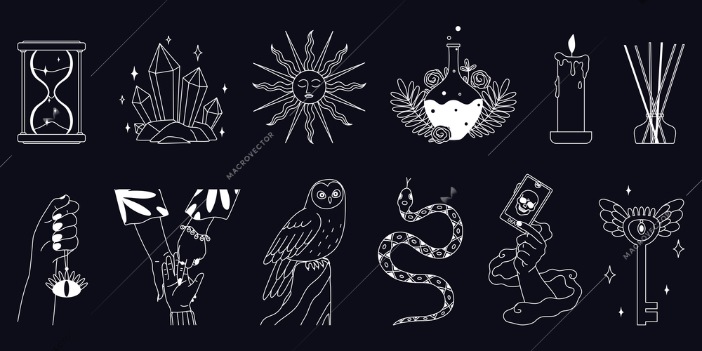 Set of isolated mystic boho icons with chalkboard monochrome images of snakes birds and candle symbols vector illustration