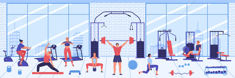 Gym interior horizontal background with people doing fitness exercises using sport simulators flat color vector illustration