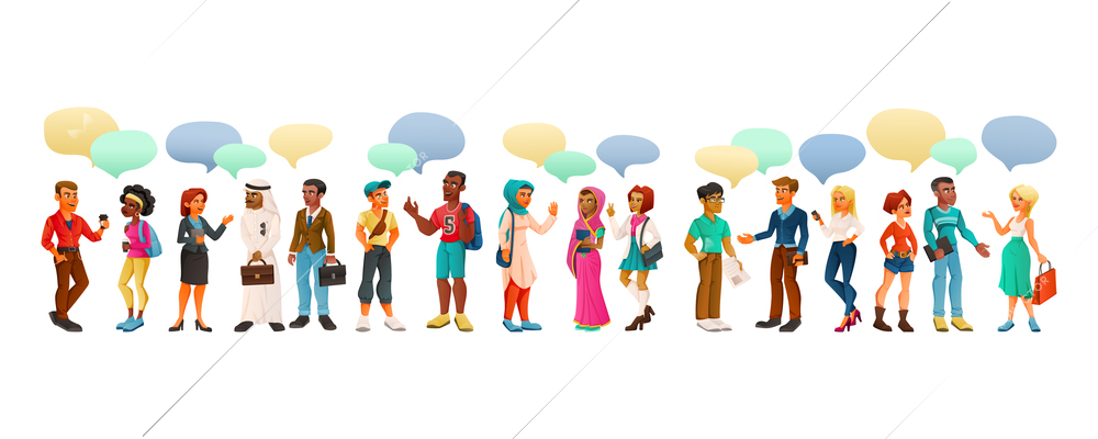 Cartoon characters diversity composition with talking people of colour with colourful chat bubbles on blank background vector illustration