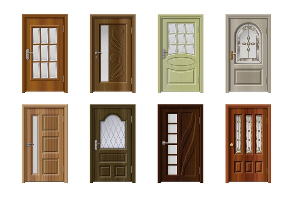 Door realistic set with eight isolated doors of vintage style and modern design with door windows vector illustration