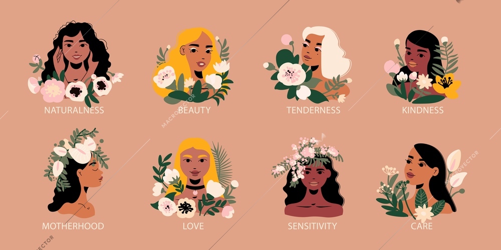 Beautiful women with different hair and skin color surrounded by flowers natural beauty love tenderness care flat compositions set isolated vector illustration