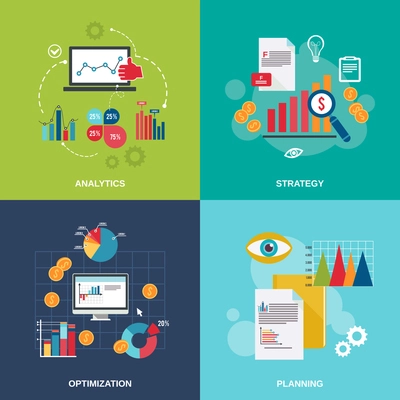 Business data flat icons set with analytics strategy optimization planning isolated vector illustration