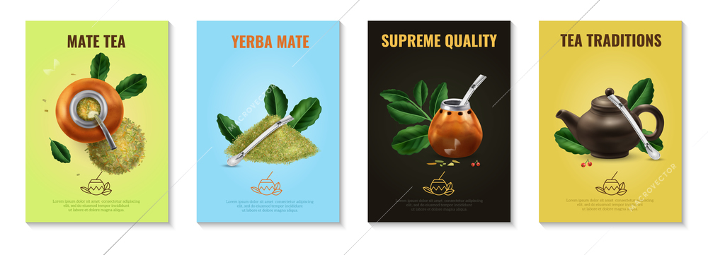 Yerba mate tea realistic vertical posters set with green leaves and traditional accessories on color backgrounds isolated vector illustration