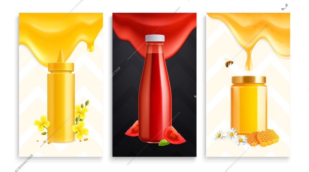 Set of three vertical sauces realistic cards with compositions of colorful splash spots and plastic bottles vector illustration