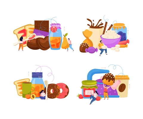 Jam production set of four flat compositions with people and sweet donuts pancakes made with jam vector illustration