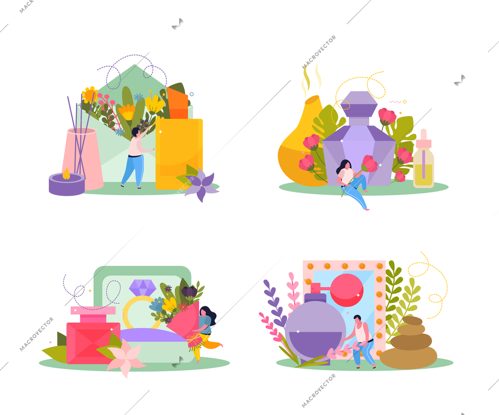 Perfume set of four flat compositions with flowers leaves aroma oil and jars with perfumery liquids vector illustration