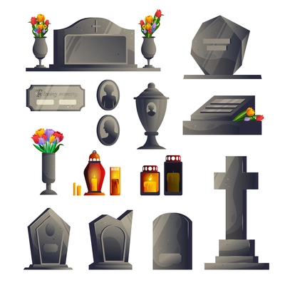 Cemetery gravestone modern icon set gray gravestones of different sizes and shapes with and without flower beds and candlesticks vector illustration