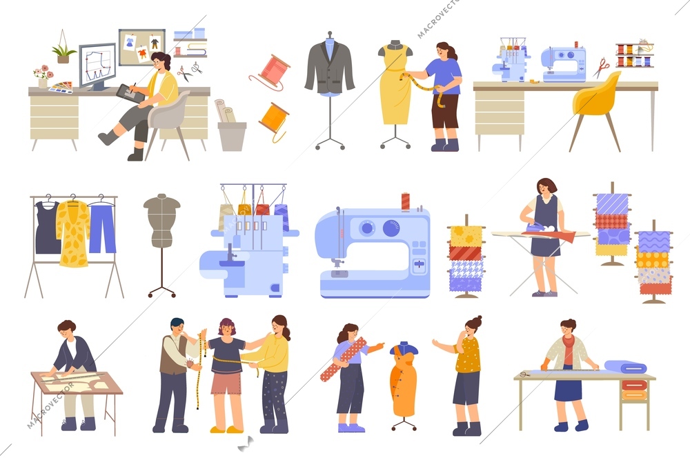 Atelier set of flat isolated icons with sewing machine mannequins working places and tailors taking measurements vector illustration