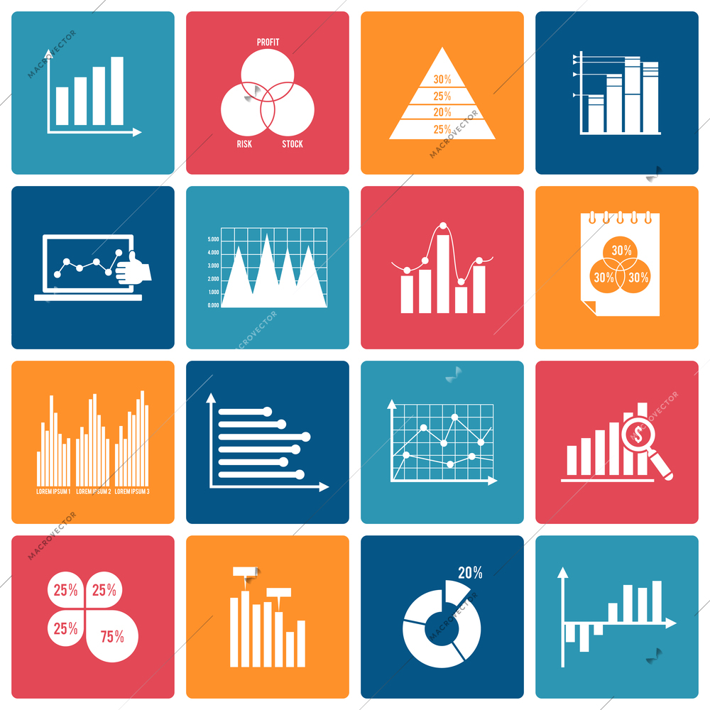 Business data financial report dot bar pie charts diagrams and graphs white icons set isolated vector illustration