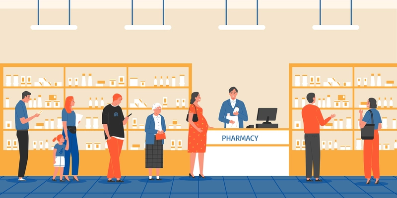 Queue pharmacy composition with indoor view of apothecary store and human characters standing in line waiting vector illustration