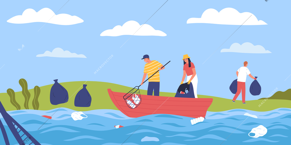 Garbage recycling water sea composition with outdoor landscape and view of collectors boat with floating rubbish vector illustration