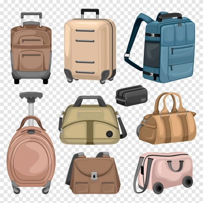 Sports bags and touristic suitcases on wheels color collection on transparent background isolated vector illustration