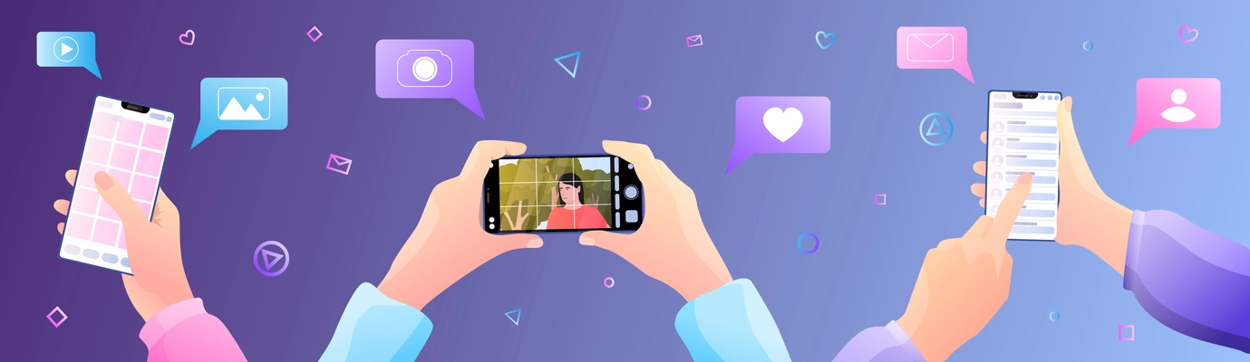 Vlog equipment phone shooting flat composition with gradient background chat bubbles pictograms and hands with smartphones vector illustration