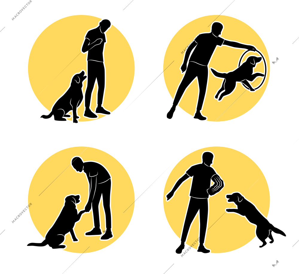 Set of four isolated dog training flat round compositions with silhouettes of dog trainer and tricks vector illustration