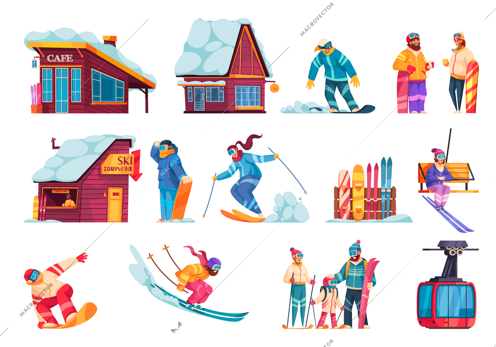 Winter ski vacation cartoon set with resort cafe equipment rental snowboarding downhill skiing funicular car vector illustration