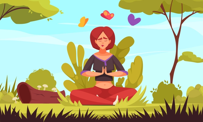Meditation outdoor in summer cartoon composition with young woman in lotus pose practicing yoga in nature vector illustration