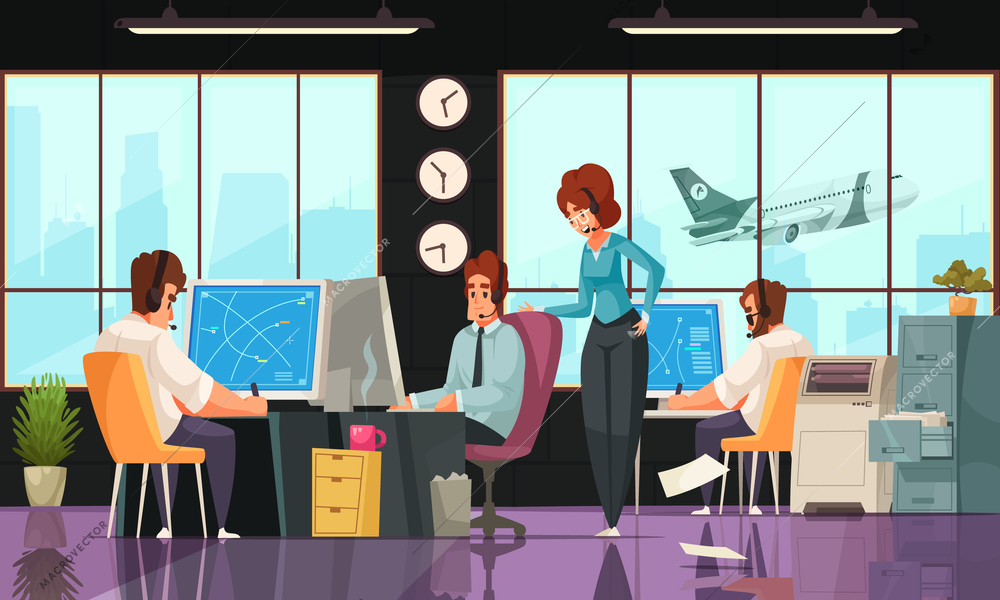 Airport flight control service workplace interior cartoon composition controllers monitoring aircraft position communicating with pilots vector illustration