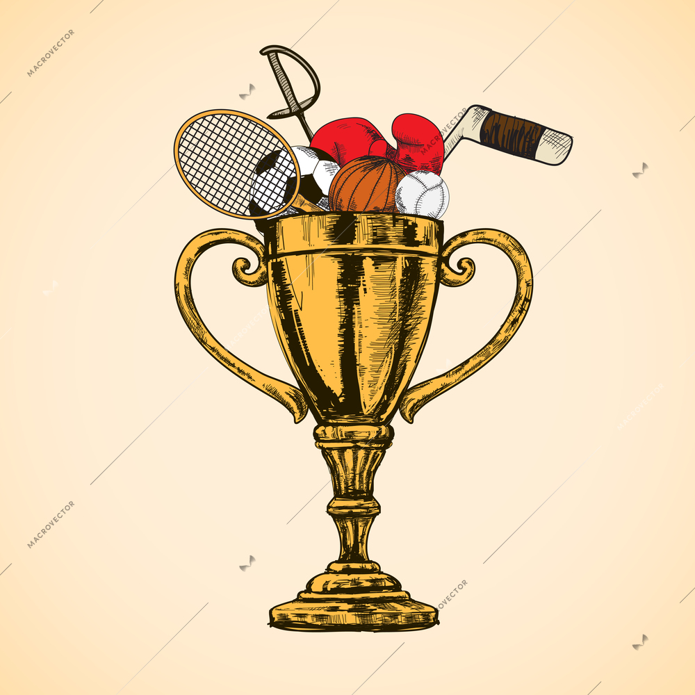 Trophy cup winner prize full of sport equipment sketch vector illustration