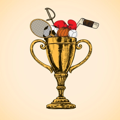 Trophy cup winner prize full of sport equipment sketch vector illustration