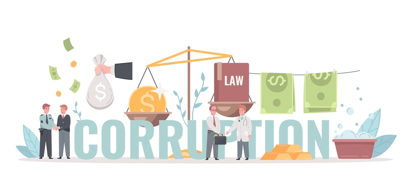 Corruption money laundering cartoon lettering title with hand holding bribe policemen arresting criminal banknotes on clothesline vector illustration