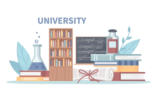 University college high school education symbols accessories cartoon composition with blackboard textbooks library bookcase retort vector illustration