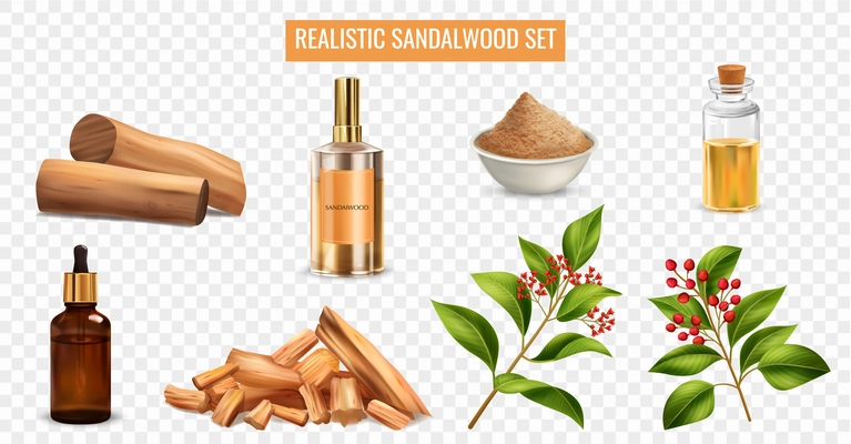 Realistic set with sandalwood essential oil perfume powder sticks plant twigs isolated on transparent background vector illustration