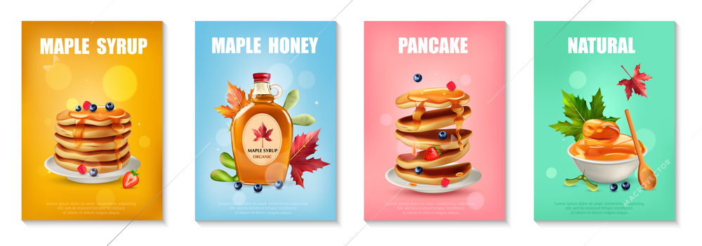 Set of four vertical posters with natural maple syrup and homemade pancakes on colored background isolated realistic vector illustration