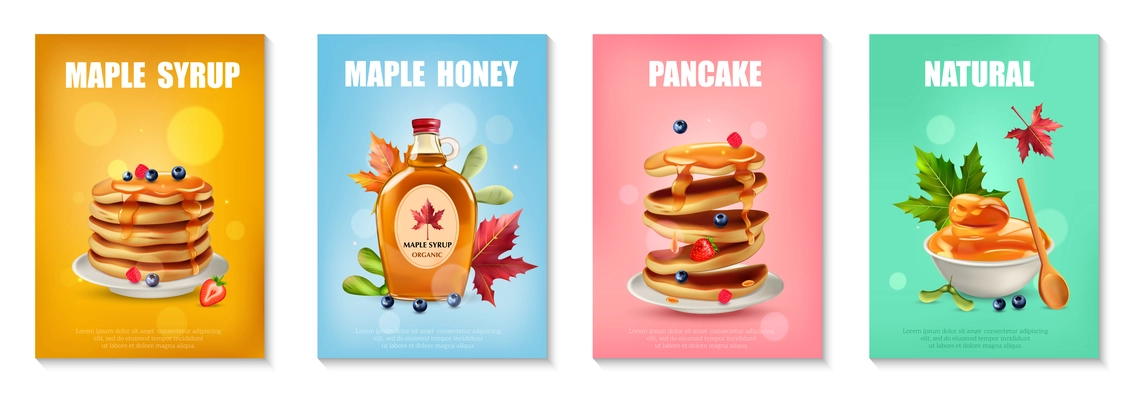 Set of four vertical posters with natural maple syrup and homemade pancakes on colored background isolated realistic vector illustration