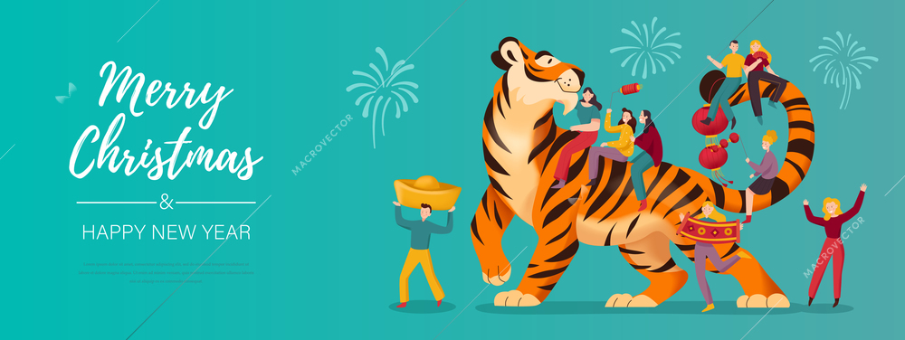 Tiger christmas horizontal composition with editable ornate text and festive people surrounding cartoon style tiger mascot vector illustration