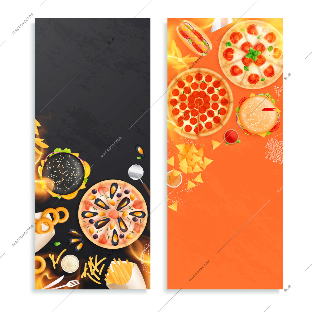 Two flat vertical banners with fast food dishes on textured black and orange background isolated vector illustration