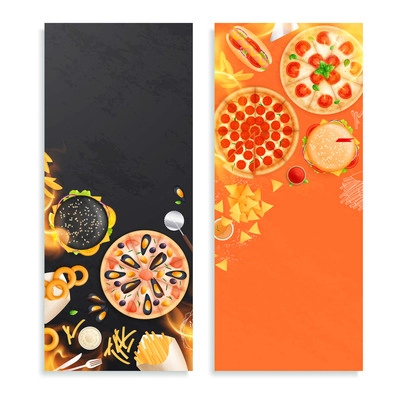 Two flat vertical banners with fast food dishes on textured black and orange background isolated vector illustration