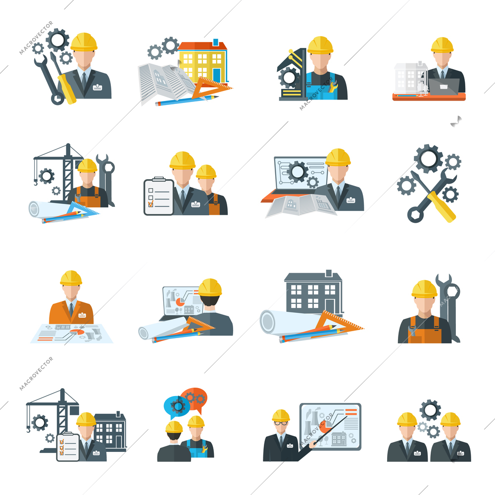 Engineer construction equipment machine operator managing and manufacturing icons flat set isolated vector illustration