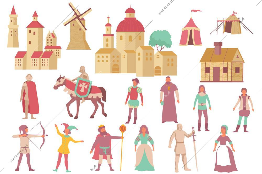 Medieval kingdom set with flat isolated icons of vintage town buildings and fairy tale human characters vector illustration