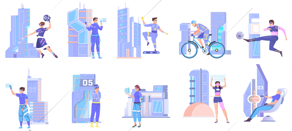 Cyberpunk people set of flat isolated compositions with doodle human characters in futuristic outfit with skyscrapers vector illustration