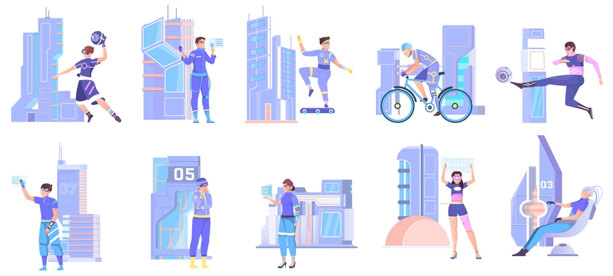 Cyberpunk people set of flat isolated compositions with doodle human characters in futuristic outfit with skyscrapers vector illustration